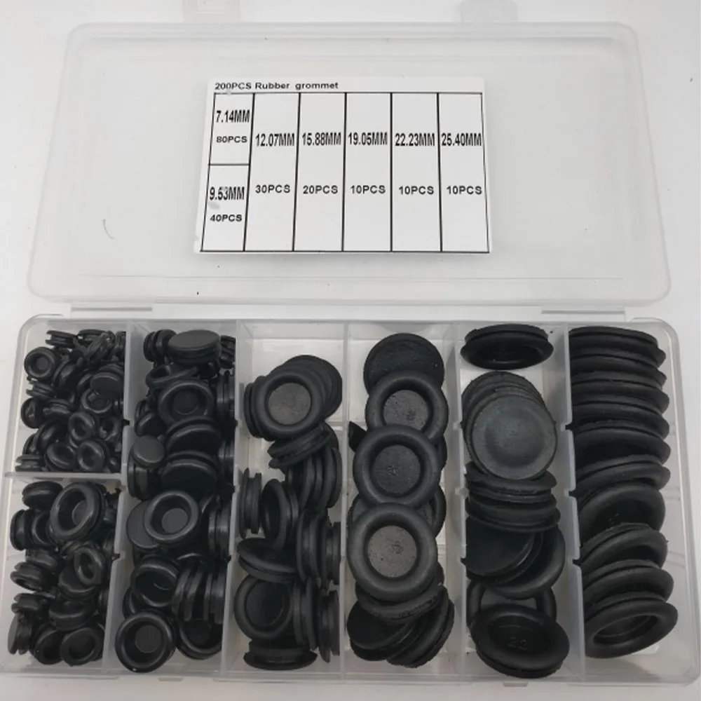 200Pcs Rubber Grommet Firewall Solid Hole Plug Assortment Set 7 Size Electrical Wire Gasket for Auto Body and Sheet Metal Repair