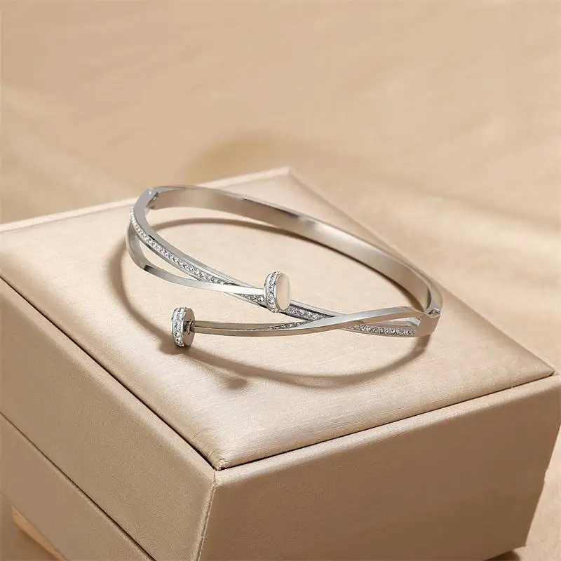 Luxury Unique Double Crystal Nail Head Cross Stainless Steel Bracelet For Woman Love Wedding Gift Bangle Jewelry