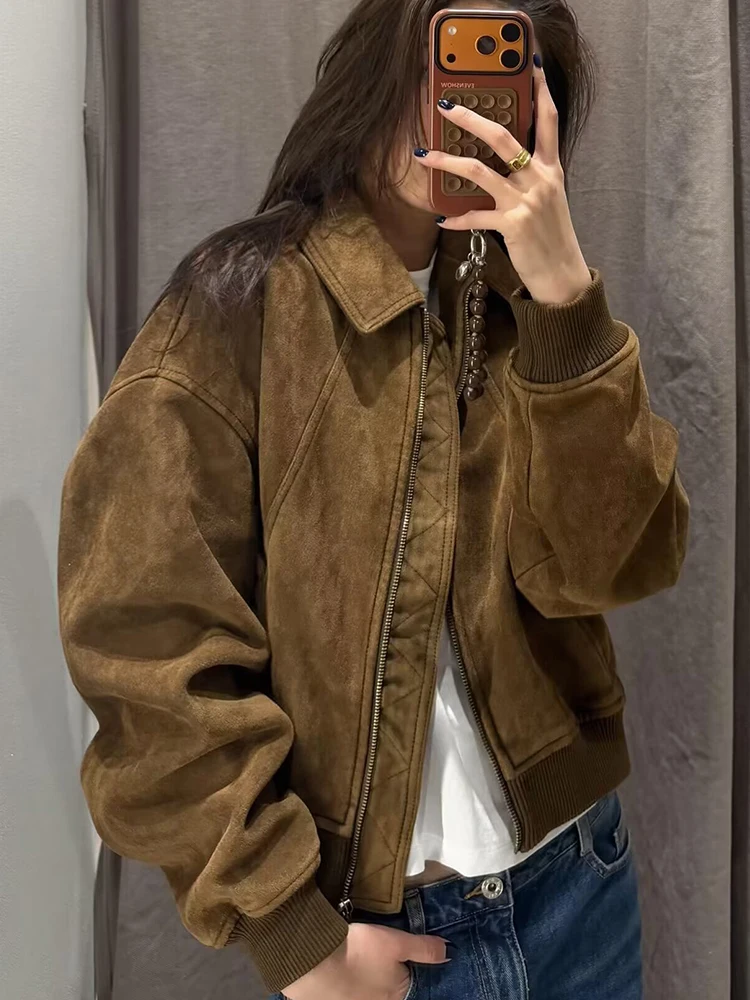 TFMLN Neue Damen-Jacken aus Wildleder-Optik mit langen Ärmeln, einfarbig, mit Revers und Reißverschluss, lässiger Herbstmantel, modische Straßenmode für Damen.