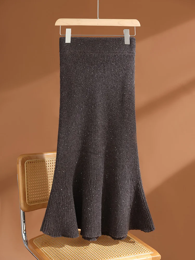 

TLOML Новая женская осенне-зимняя шерстяная юбка Блестящая длинная юбка-русалка 100% мериносовая шерсть Трикотаж Грейс Мягкое платье Офисная женская юбка