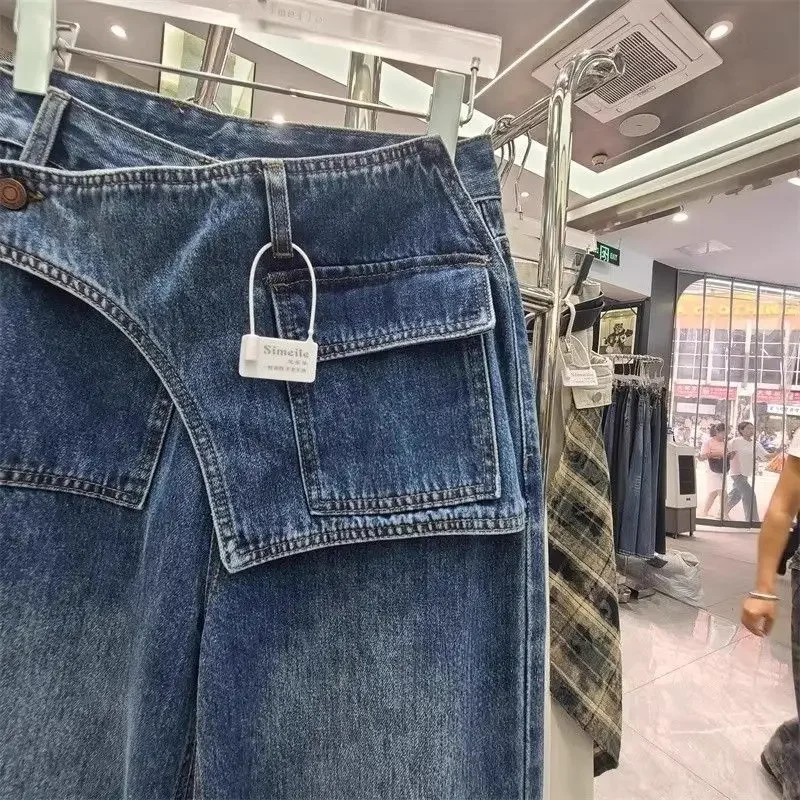 Vrouwen Losse Harajuku Retro Wijde Pijpen Broek Koreaanse Stijl Mode Vintage Gewassen Denim Broek Hoge Taille Onregelmatige Punk Jeans