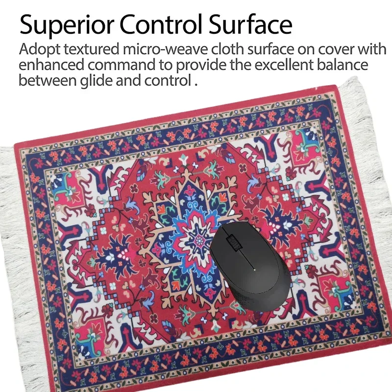 Persian Mini Woven Rug Mat Mousepad Retro Style Carpet Pattern Cup Laptop PC Mouse Pad with Fring Home Office Table Decor Craft