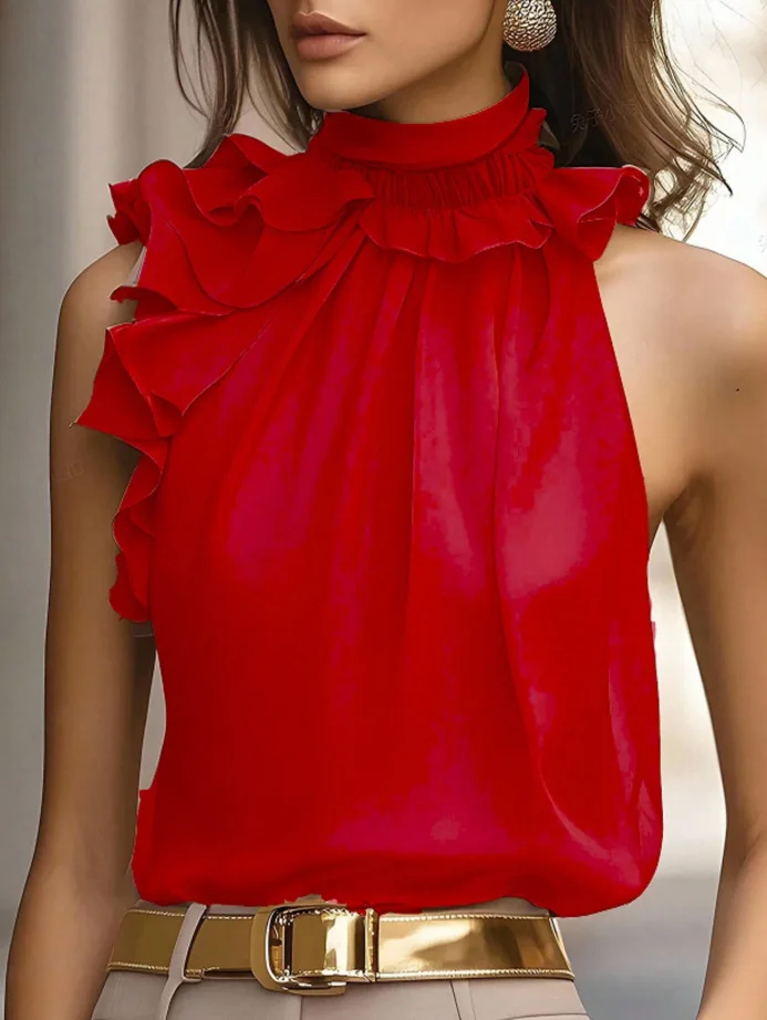 

2026 Fashionable Petal Collar Halter Neck Off-Shoulder Slim Sleeveless Solid Color Top for Women