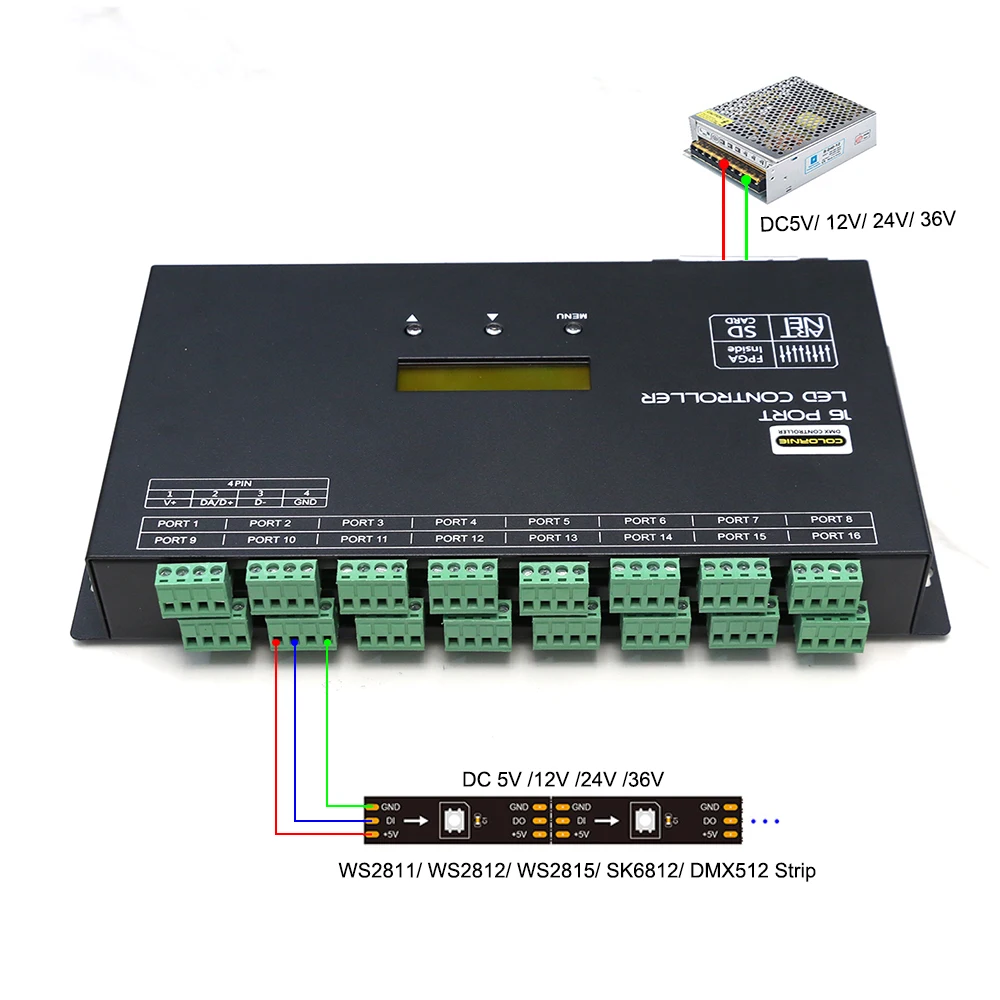 Artnet 16Port Controller DC5V-36V Resolume/M5 to SPI /DMX Pixel Light LED Controller 96 Universe Console Offline SD Player