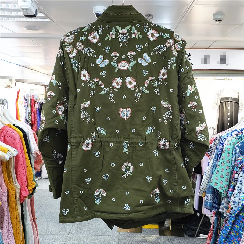 Women Flowers Embroidered Drawstring Jacket Stand Collar Green Tooling Coat Embroidery Windbreaker Zippers Stand Collar Cardigan