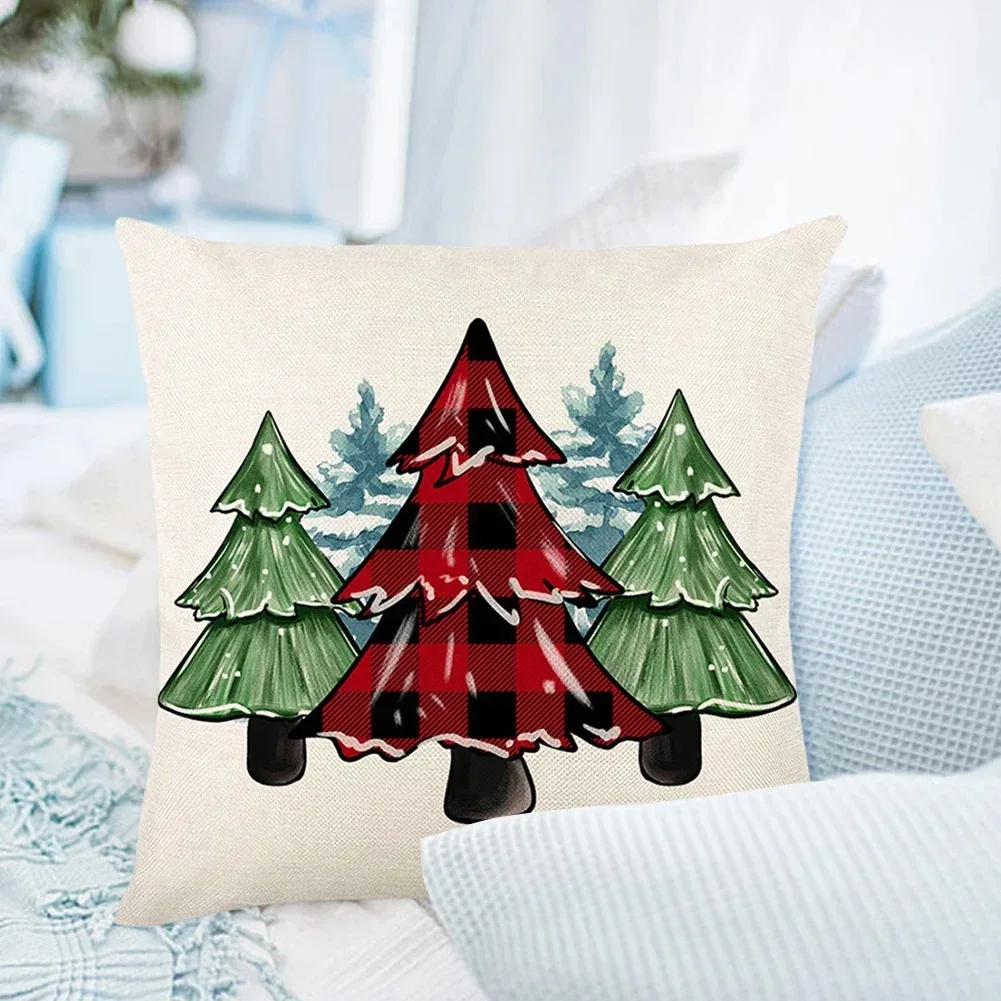 Festive Christmas Tree Pillow Cover 45x45cm - Red Holiday Decor Cushion Case for Sofa Living Room Bedroom, Xmas Pillow Cover