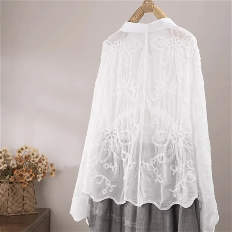Artistic Retro Blouses Femme Shirts Embroidered Flower Shirt Women's Long Sleeved Flesh Covering Shirt Bead Sparkling Top