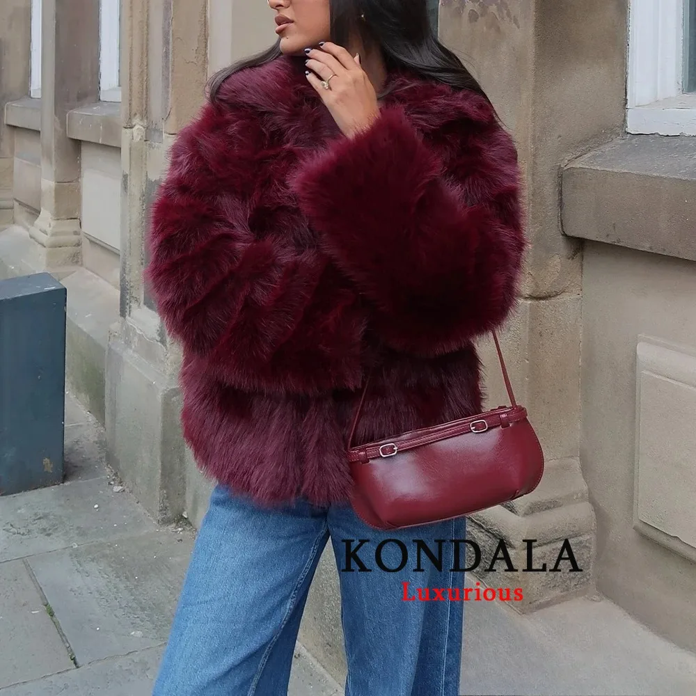 معاطف KONDALA أنيقة من الفرو الصناعي باللون الأحمر البوردو للنساء بجيوب بأكمام طويلة وياقة مقلوبة سترات عصرية لخريف وشتاء 2025 ملابس خارجية