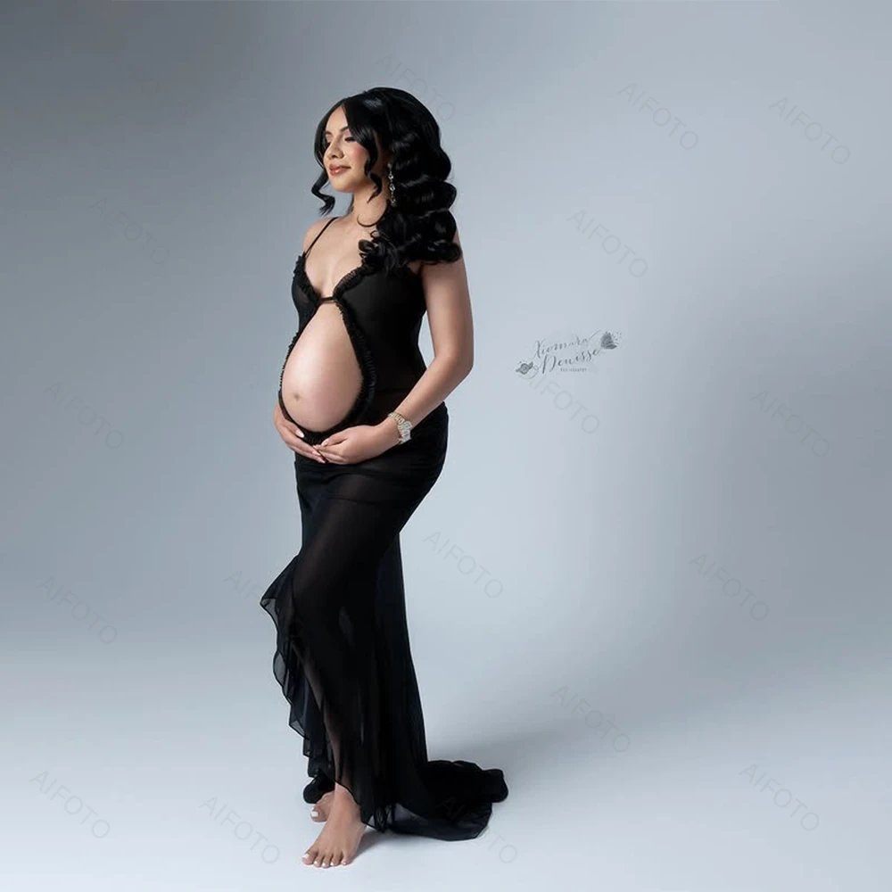 Black Lace-Up Back Maternity Dress Photography Sexy Hollow Belly Ruffle Gown Pregnancy Shoot Memaid Dress Long Train Baby Shower