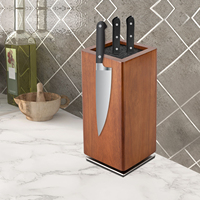 Magnetic Knife Block 360° Rotatable Knife Holder in Acacia Wood Knife Block with Brush Insert Kitchen Knife Organizer