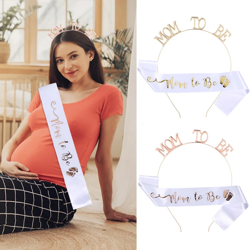 Expectant Mother Headdress Shoulder Strap MOM TO BE Headband Waist Belt Etiquette Belt Sash Baby Shower Party