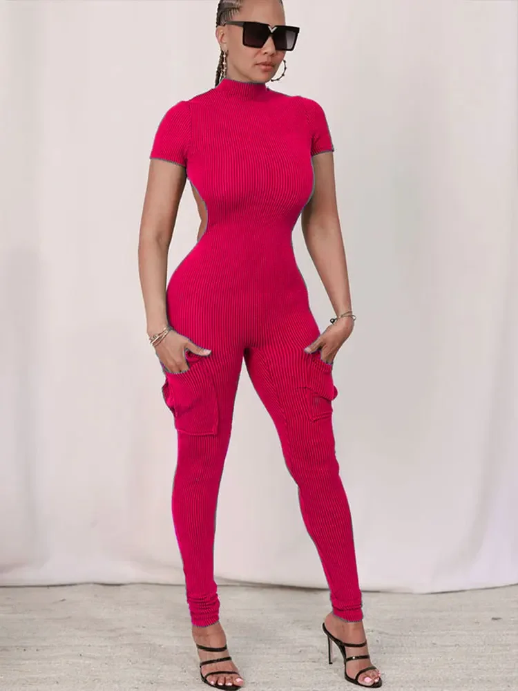 

Women's Jumpsuits Spring New Sexy Sweet Pink Hollow Out Jumpsuit Streetwear Fashion Pockets Short Sleeve Female Elegant Rompers