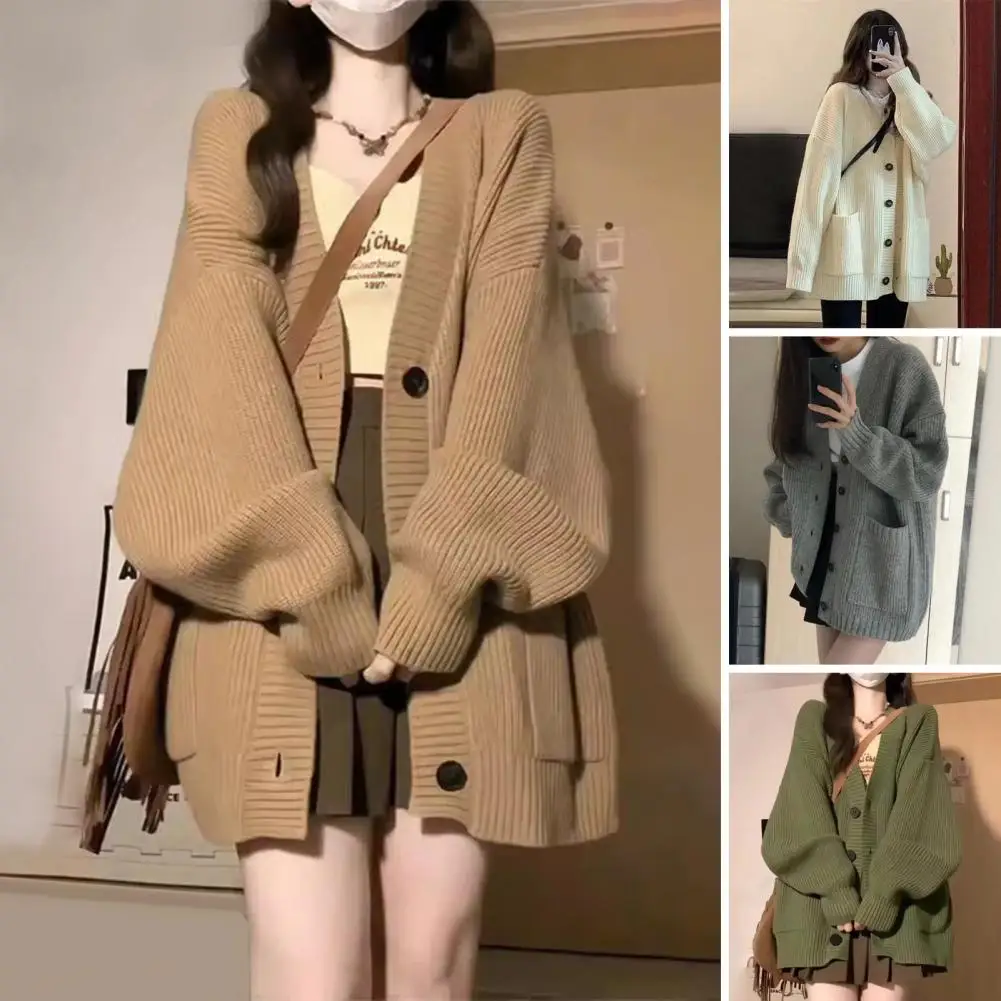 Sweater Jacket V-neck Knitting Sweater Coat with Large Pockets for Women Long Sleeve Solid Color Mid-length Loose Fit Cardigan