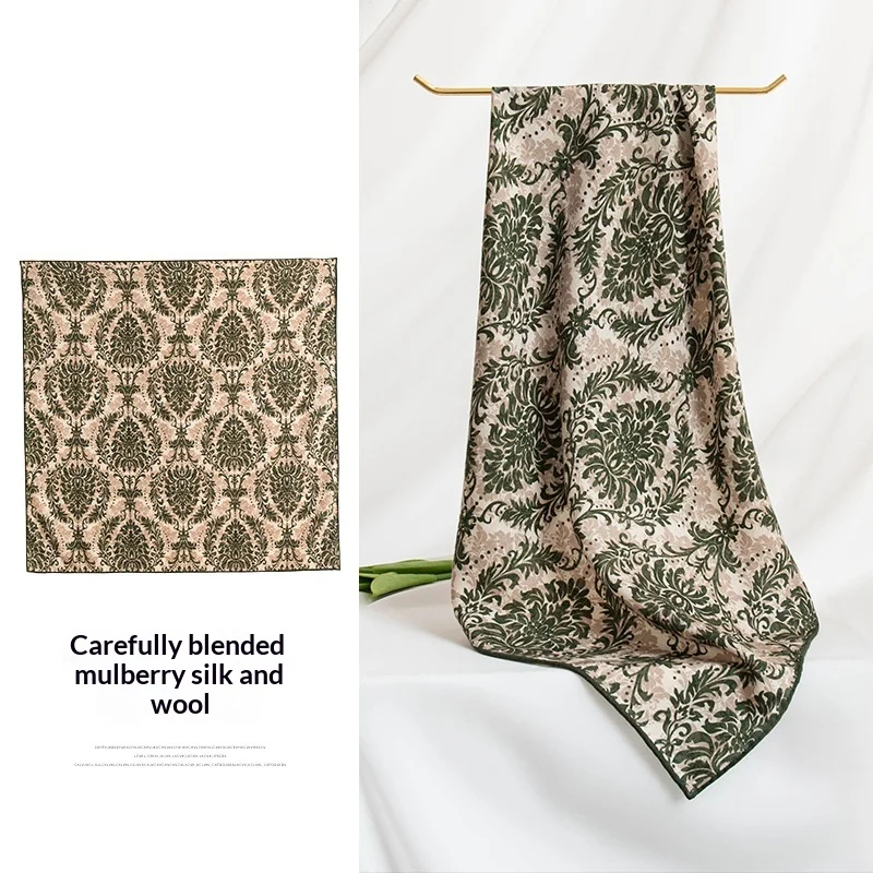 

Light luxury blue cashew flower silk wool scarf women's double-sided silk scarf square scarf 65cm neck ornament