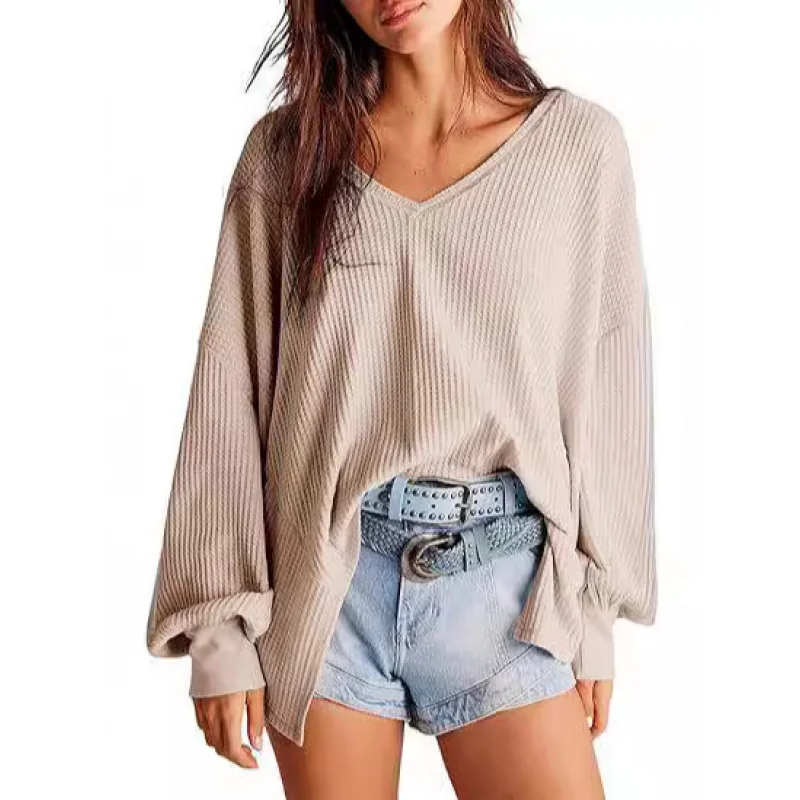 High quality WOMEN'S waffle knit top 2024lantern sleeve casual shirt v collar is too lardget-shirt