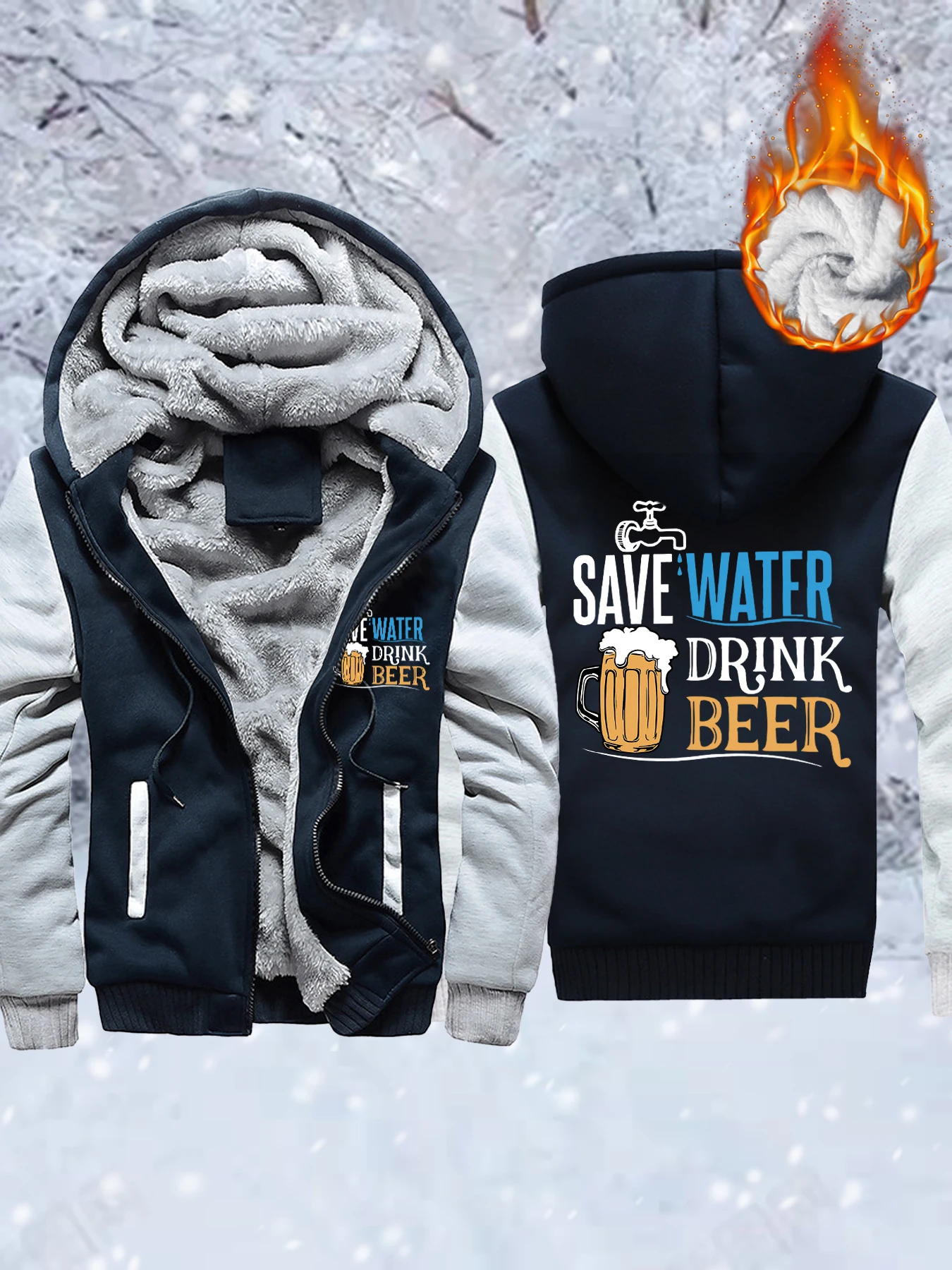 

Save Water Drink Beer Printing Male Fleece Zip-Up Jackets Basics Winter Hoodie Thicken Warm Veste Comfy Soft Streetwear Unisex