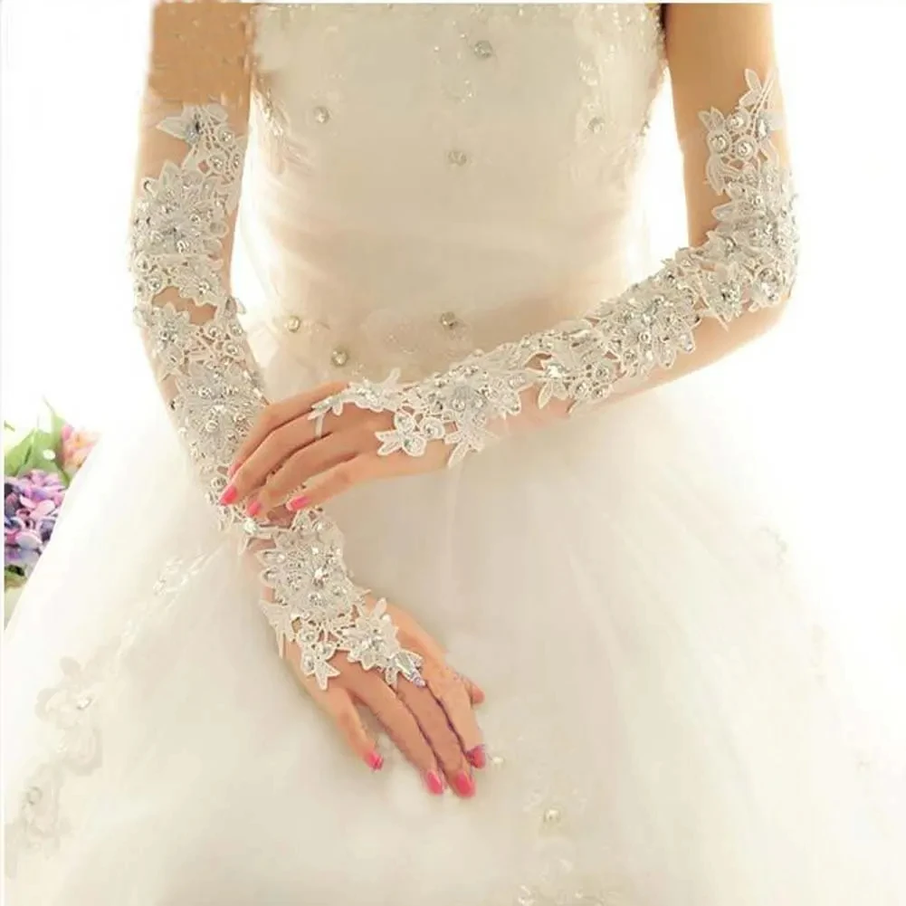 Guanti da sposa da sposa in pizzo con strass senza dita guanti lunghi con applicazioni di Opera di nozze per feste di fantasia