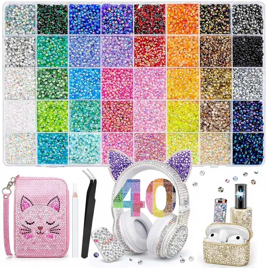 40000+Pcs 40/60 Colors Jelly Rhinestones Bedazzler  Kit, 3mm Multicolor Resin Flatback Gems for Art Crafts, Books, Shoes, Nail Art, Decorative Nails, DIY Projects and Summer Bling Crafts