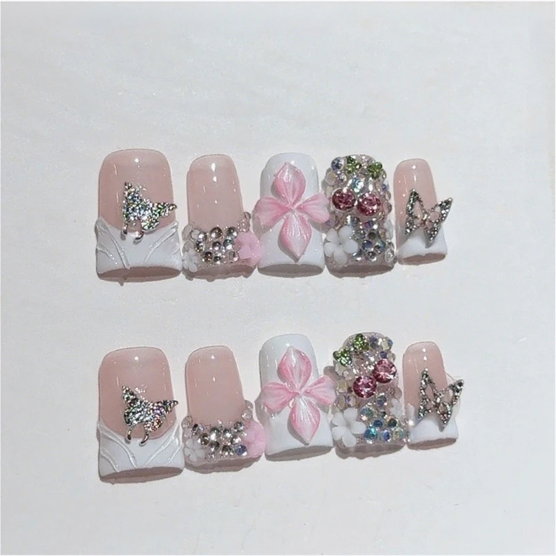 

10pcs Short Handmade False Nails 3D Floral Rhinestone White French Duck Nail Tips Designs Butterfly Decor Nude Press on Nails
