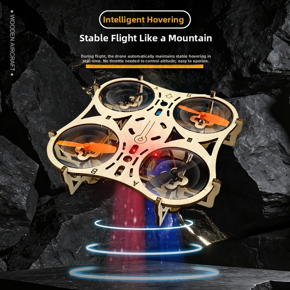 Wooden Quadcopter Kit Designed for Assembly with LED Light Features Hover Mode and 360 Degree Aerial Rotation Capabilities