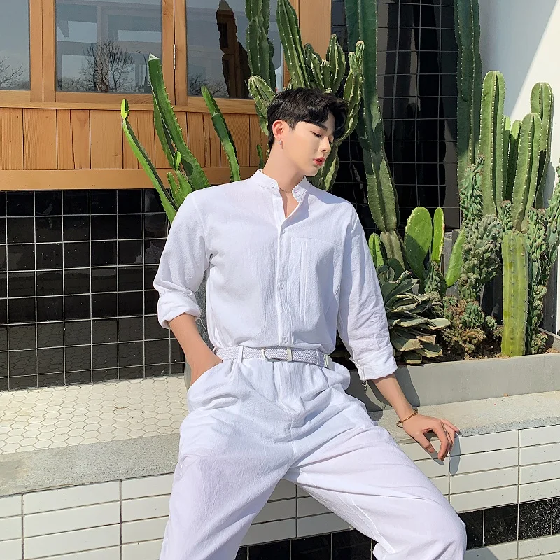 

Summer Brand Men's New Fashion Jumpsuit Suit Japanese Men Retro Shirt Trend Stand Collar Thin Long-sleeve Cotton Linen Overall