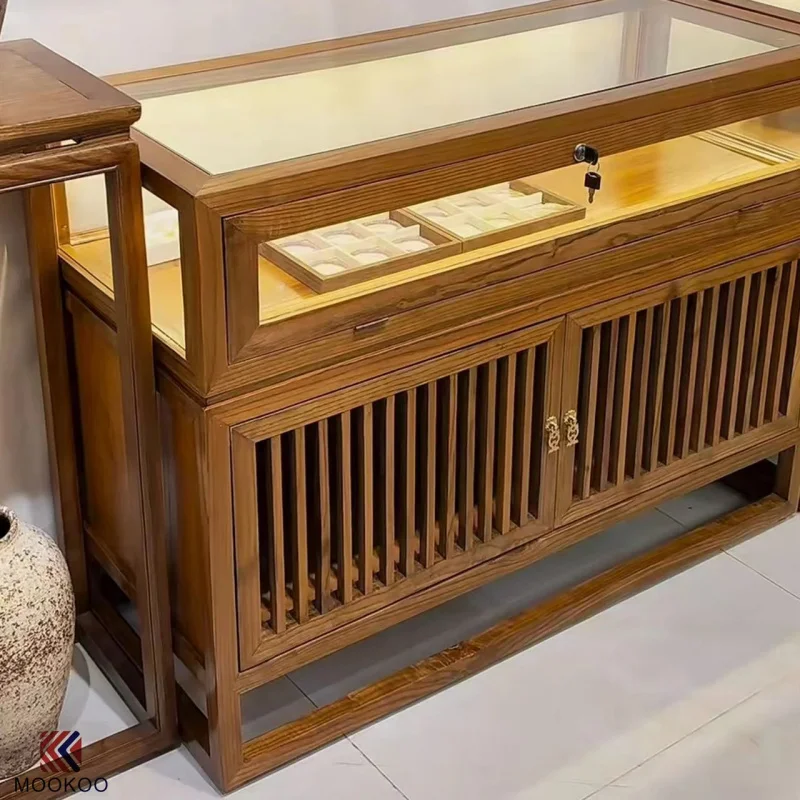 custom.Crafted Drawer-Integrated Jewelry Glass Display Cabinet Brushed Gunmetal Frame Showcase
