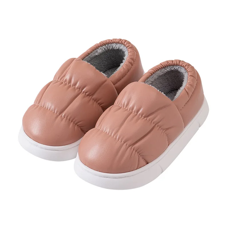 Warm Women's Wnter Shoes Cotton-padded Slippers PU Leather Thick Soles Non-slip Home Short Plush Furry Female Slipper Men Slides