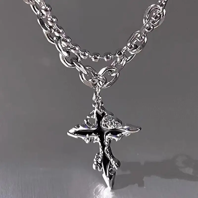 Hiphop Punk Long Chain Cross Necklace for Women Men Punk Double Layer Splicing Chain Necklace Charm Trend Neck Jewelry Halloween