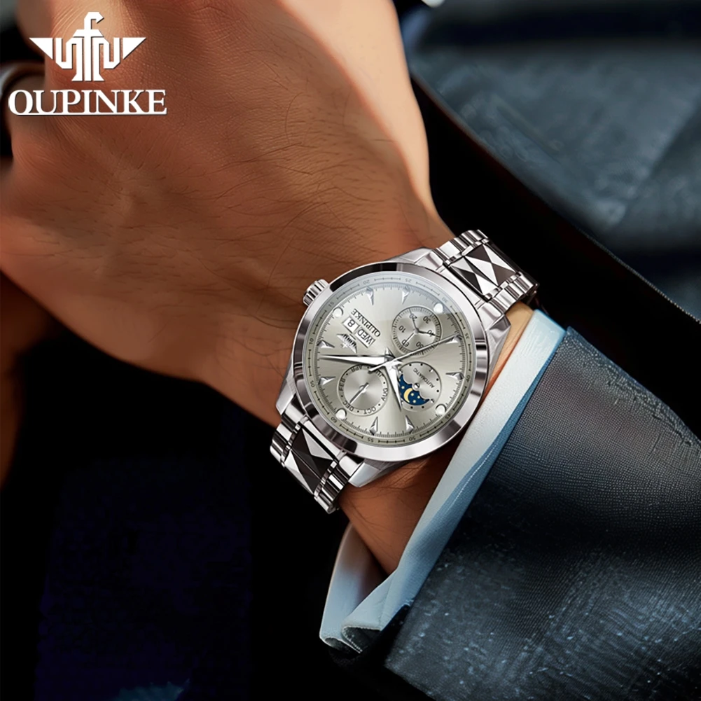 OUPINKE 3299 Men Watch Moon Phase Fashion Automatic Mechanical Watch For Men Week Date Display Deep Waterproof Man Wristwatch