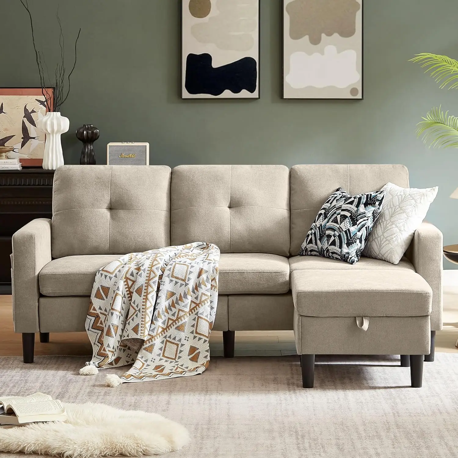 أريكة قابلة للتحويل على شكل حرف L مقاس 79 بوصة، 3 مقاعد مع كرسي تخزين وجيب، أريكة عصرية قابلة للعكس من قماش الكتان لغرفة المعيشة، Apar