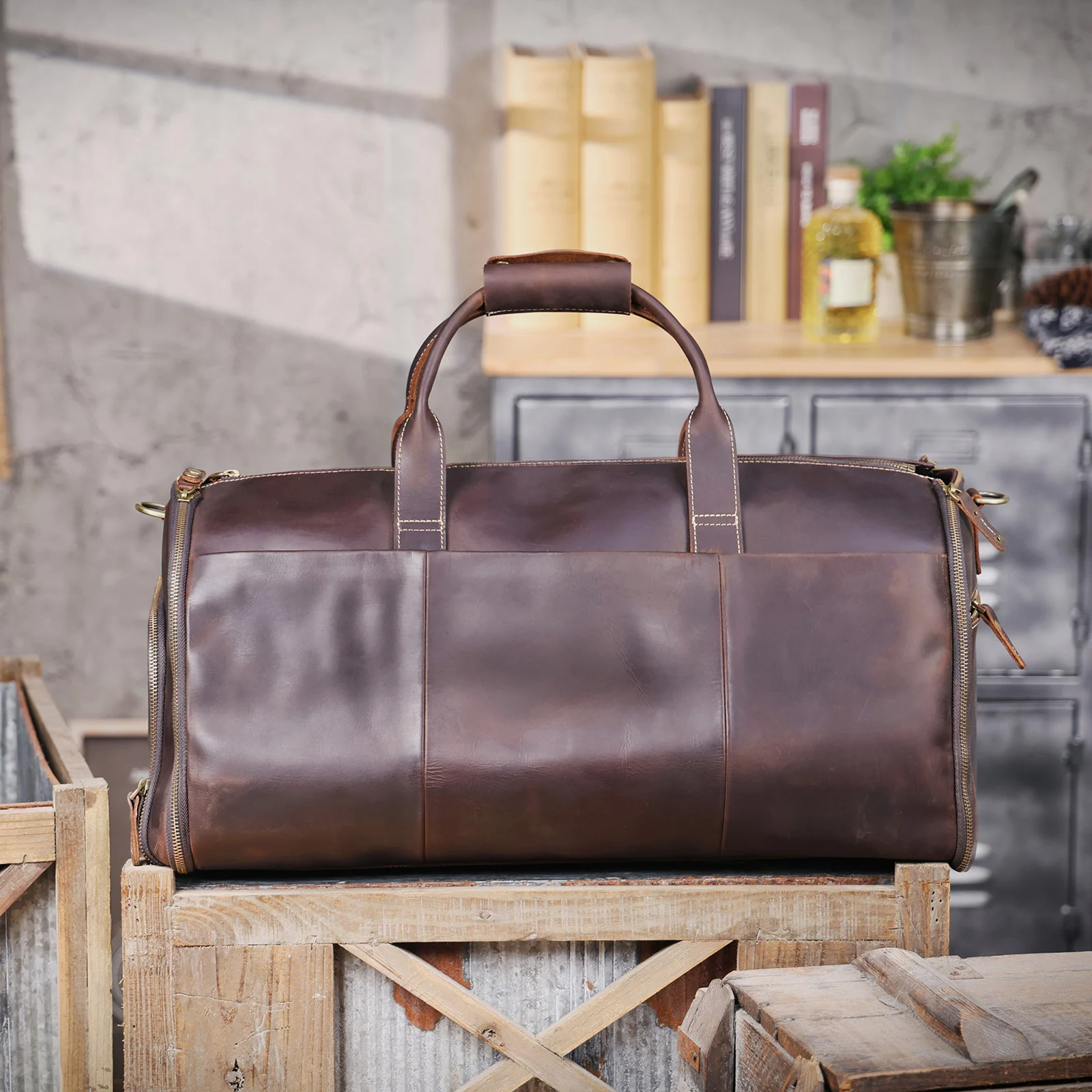 S.WORKER Echtleder-Reisetasche für Herren, große Kapazität, Vintage-Rindsleder-Reisetasche, Weekender-Sporttasche im Retro-Stil – Detail 8