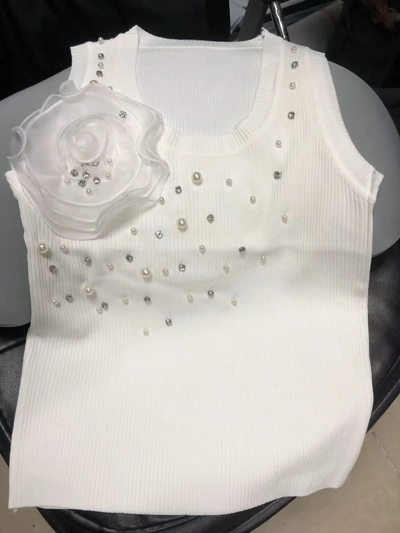 Real Photos 3D Flowers Pearls Diamonds Beaded Tank Top For Women Knitted Camisole Summer 2024 Elastic Top Youthful Woman Clothes