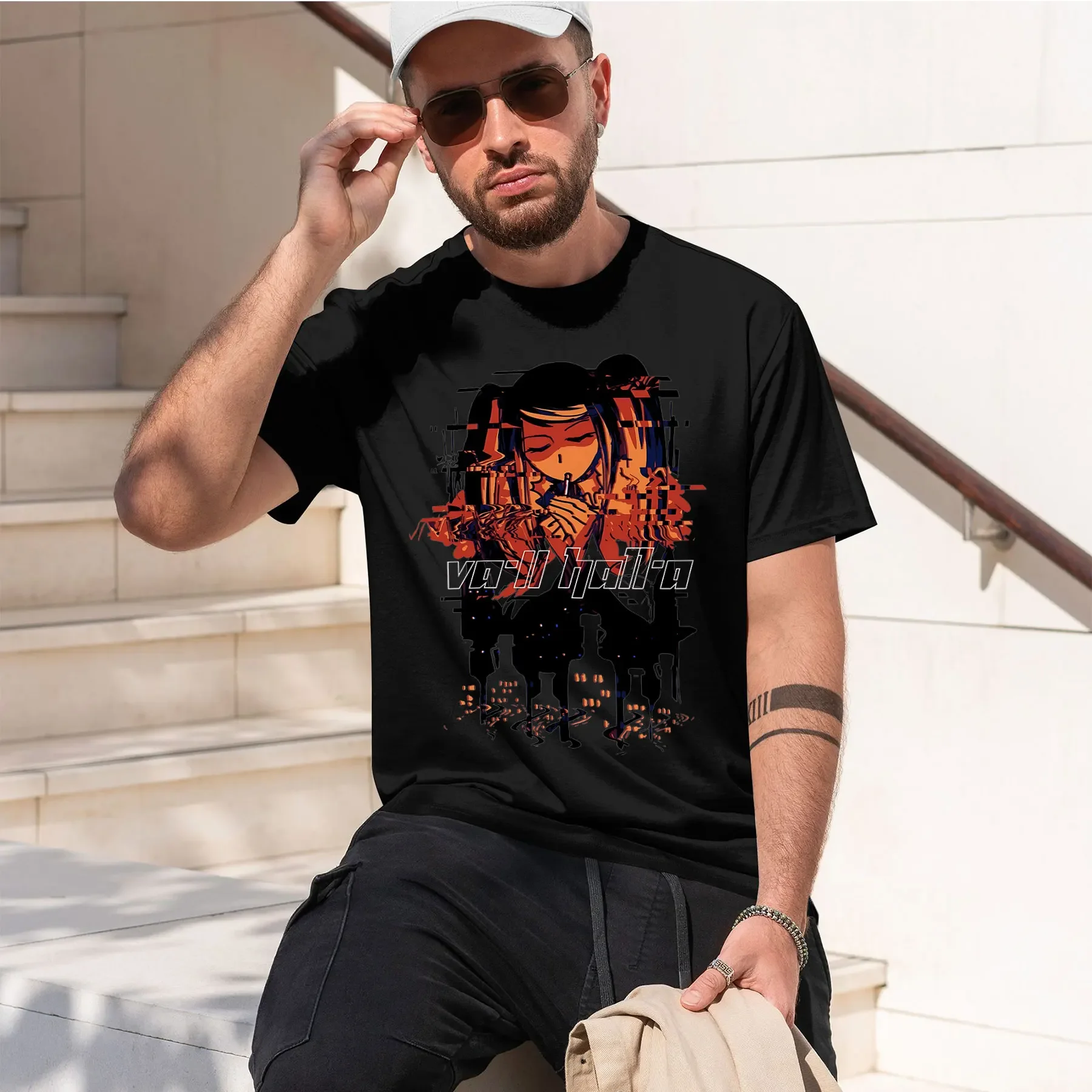 VA-11 HALL-A 2026 new fashion heavyweight hot selling retro printed pattern fun round neck T-shirt for daily comfort