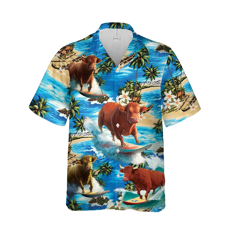 

Cute Cow Surfing Graphic Shirts For Men Clothes Casual Hawaii Women Beach Shirt Hip Hop Surf Sport Lapel Blouse Vacation Tops