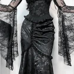 Goth Elegant Fashion Party Gown High Waist Lace Stitch Mermaid Skirt Female Sexy Pleated Bodycon Skirts Gothic Streetwear