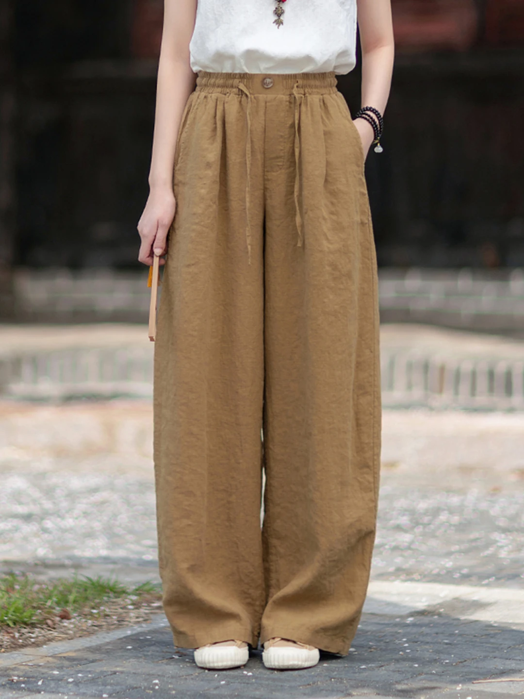 High Waist Linen Wide Leg Pants Women Summer Tall Loose Extended Relaxed Straight Tube Belted Linen Trousers Casual High Waist