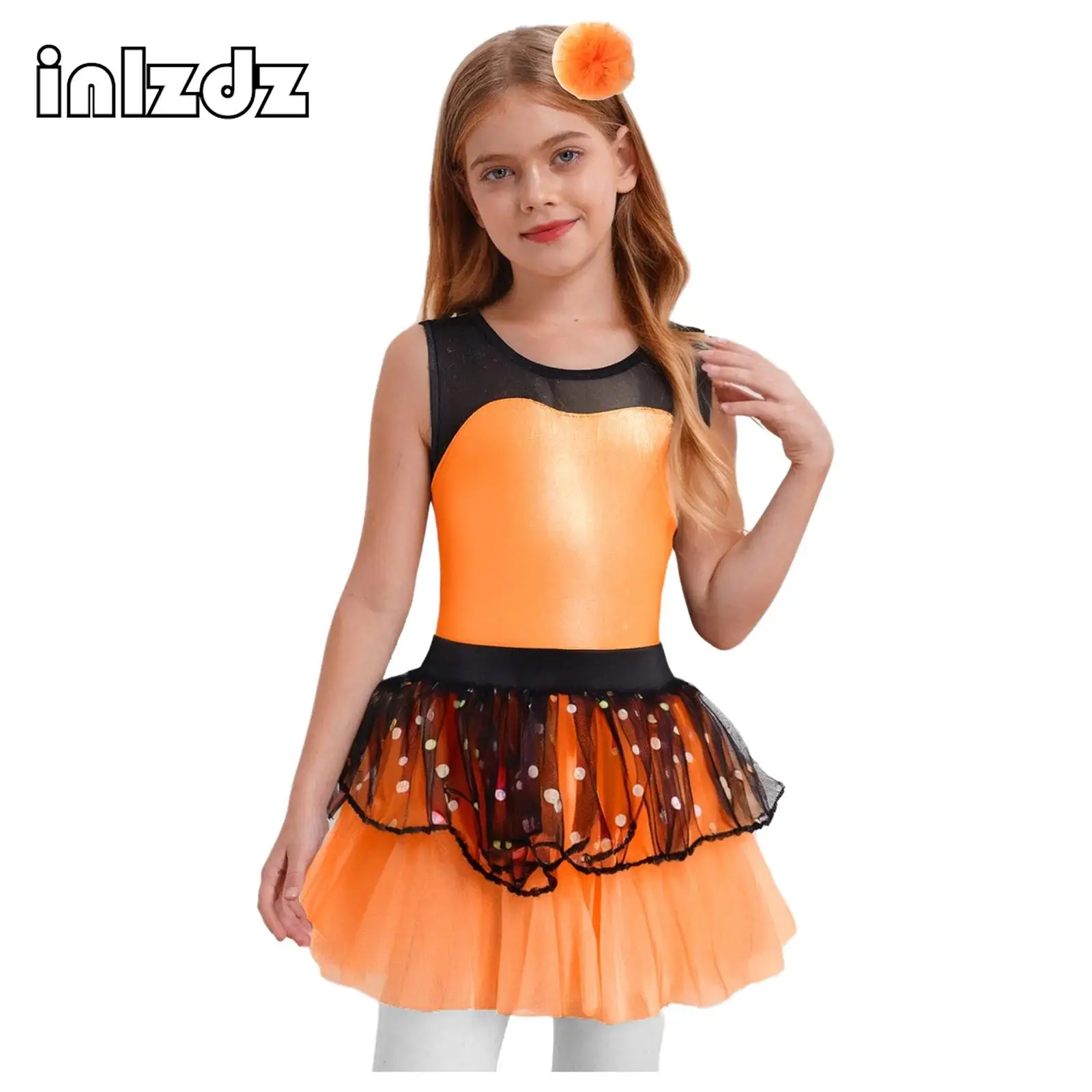 

Kids Girls Sleeveless Sheer Mesh Patchwork Metallic Bodice Tutu Dress with Headwear for Childrens Day Dance Party Performance
