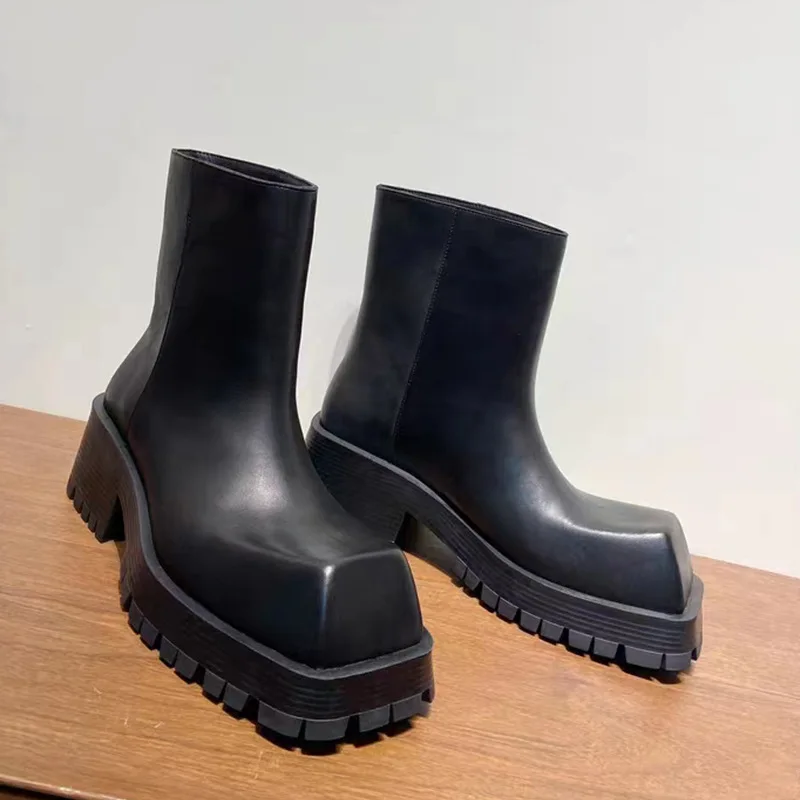 AIYKAZYSDL 2025 Punk Genuine Real Leather Ankle Boots Unisex Women Men Thick Sole Platform Cuban Heel Gothic Shoes Plus Size 44