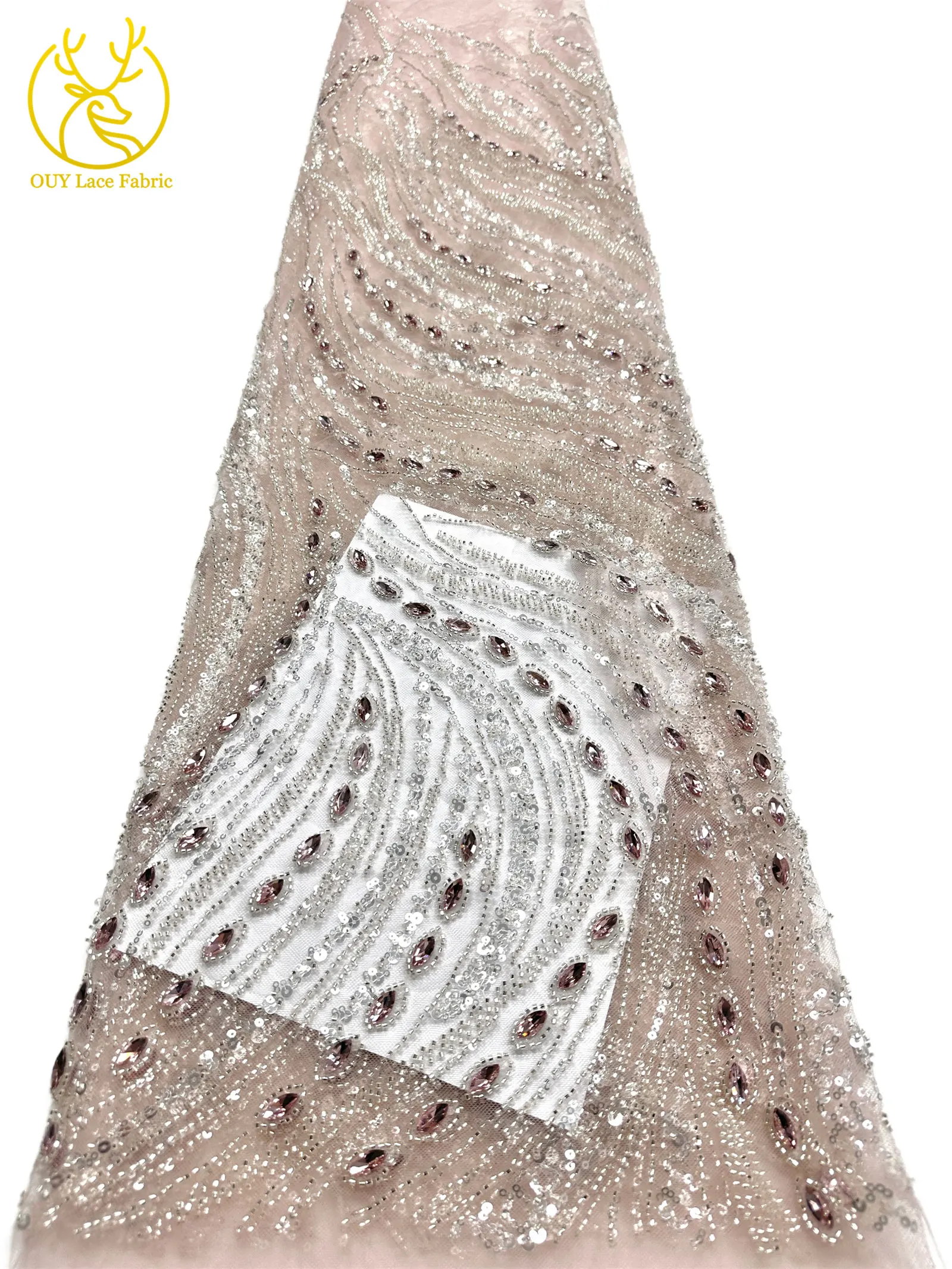 Marineblauer, hochwertiger, luxuriöser, österreichischer Diamant-Perlen-Spitzenstoff im neuen Stil 2026, afrikanischer Pailletten-Spitzenstoff für Brautkleider und Hochzeitsfeiern. – Detail 18
