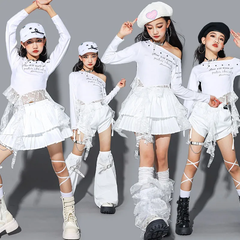 الأطفال ملابس رقص الجاز Kpop الزي الأبيض المحاصيل الأعلى كعكة تنورة المنصة تظهر موضة ملابس الفتيات الشارع ملابس الرقص AMY2624