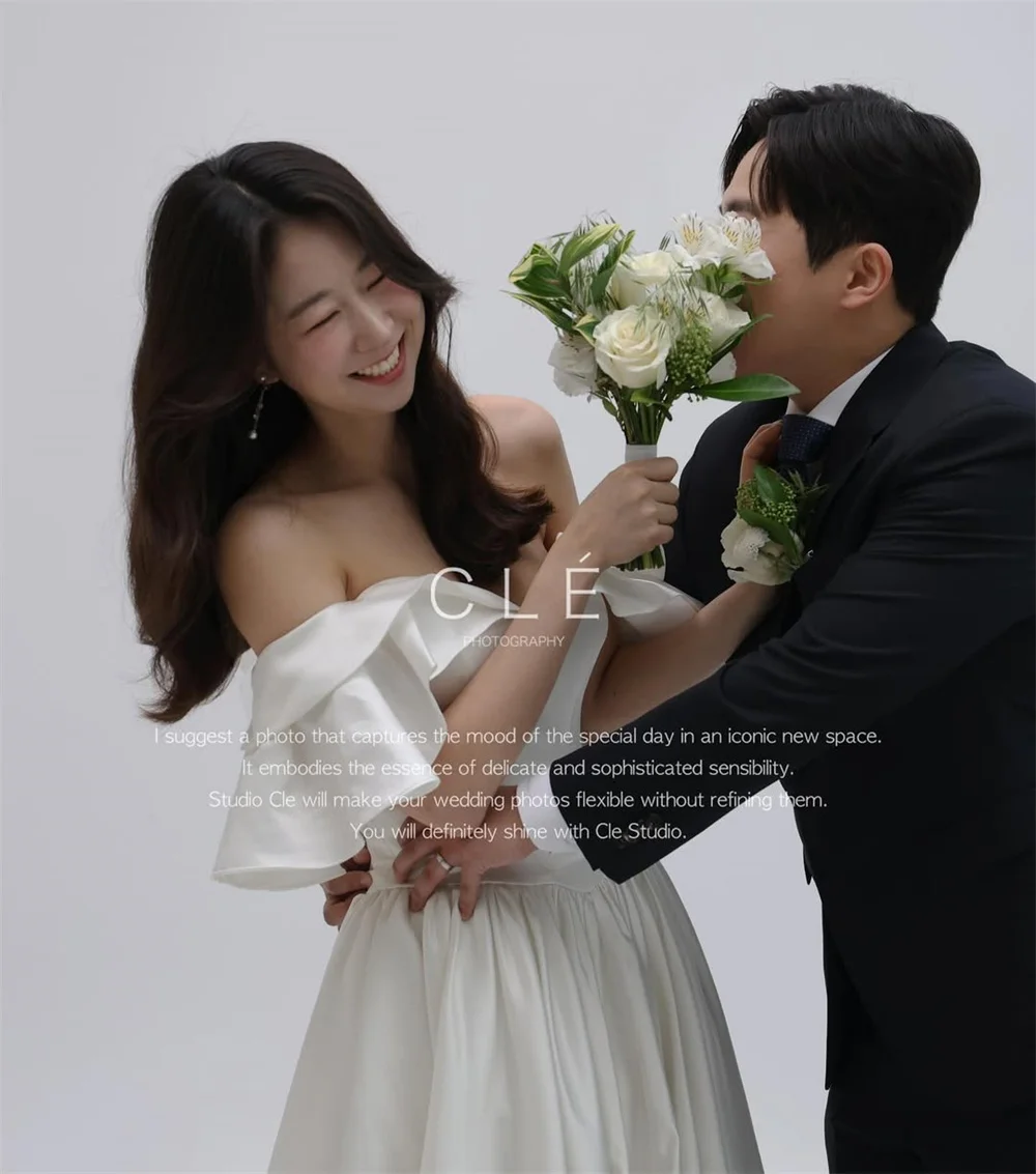 TULX elegante ivoorkleurige satijnen trouwjurk Korea fotoshoot off-shoulder A-lijn lange bruidsjurken korset aangepast  soi soiМ10)