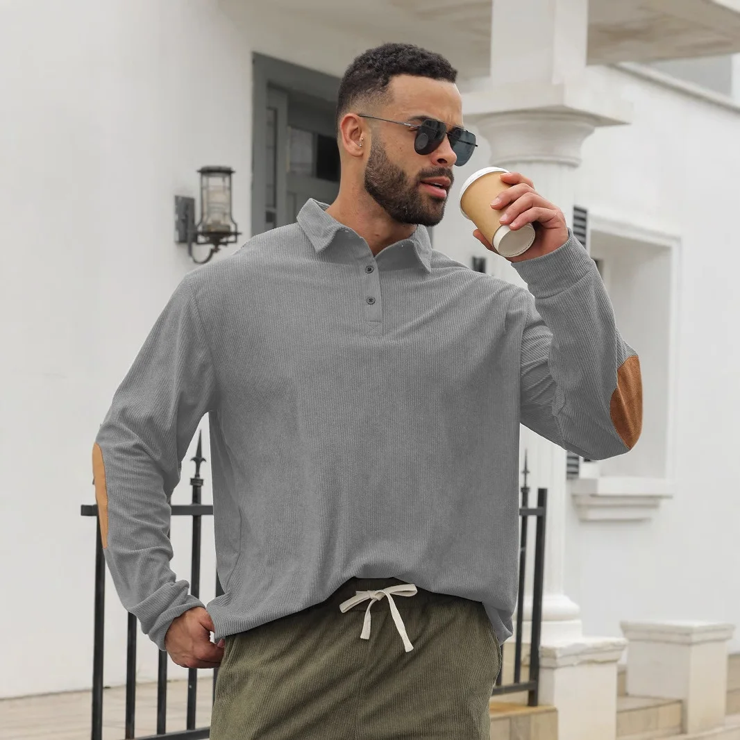 Men Corduroy Long Sleeve Polo Shirt Turn‑Down Collar 2‑Button Elbow Patch Retro Casual Tops
