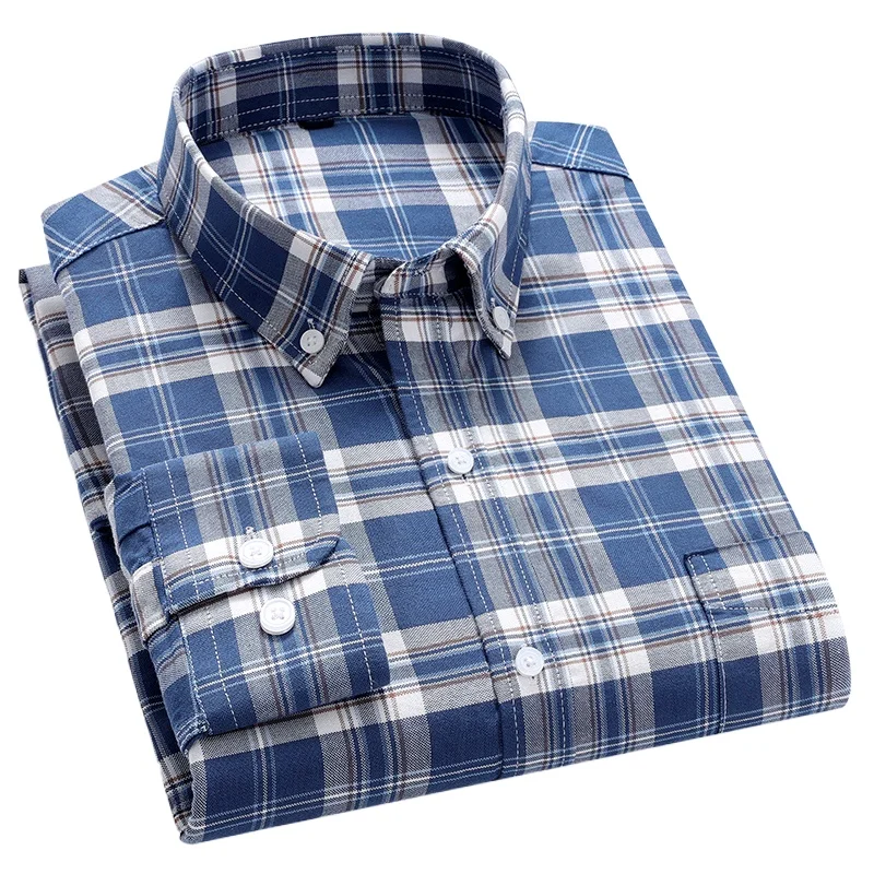 2026 Fashion Korean Popular Clothes Printing Long Sleeve Shirts for Men Casual Slim Fit 100%cotton Oxford Plaid Tops