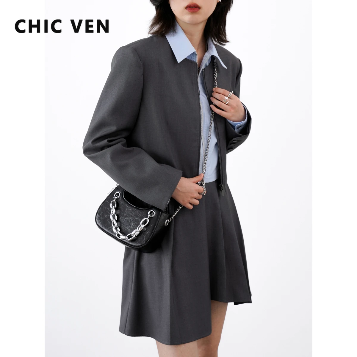 CHIC VEN Women\'s Blazer Skirt Suits Long Sleeve Solid Short Jacket A-line Pleated Two-piece Set Female Coat Spring Summer 2022