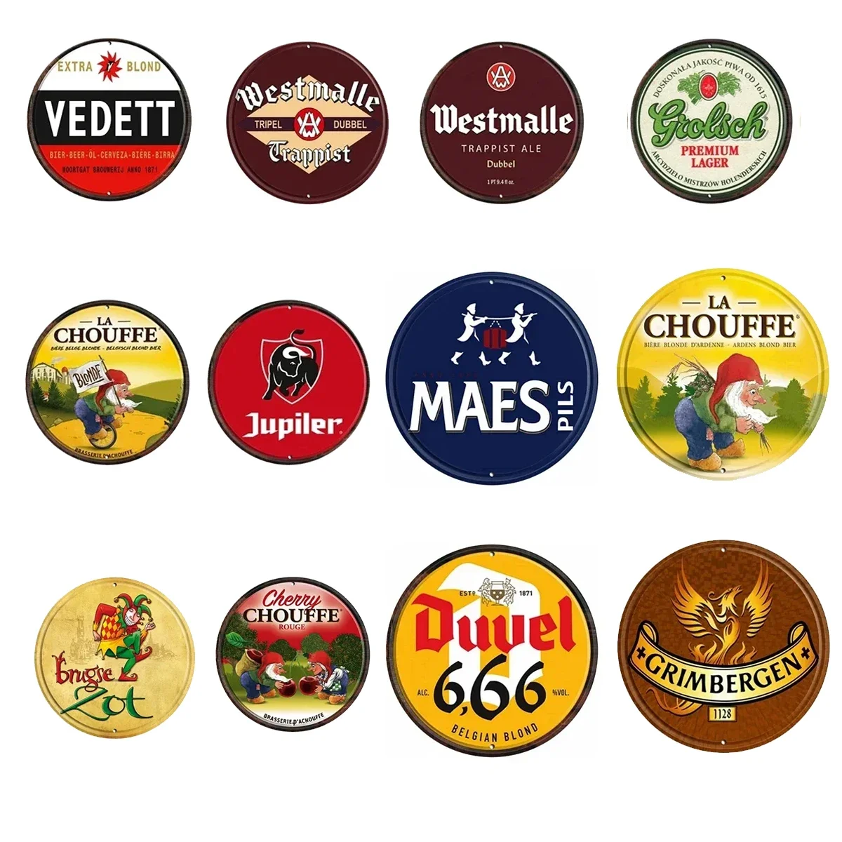 1pcs Beer Brand Round Metal Sign Dutch Belgian Beer Art Tin Sign Vintage Round Painting Home Bar Restaurant Wall Hanging Decor