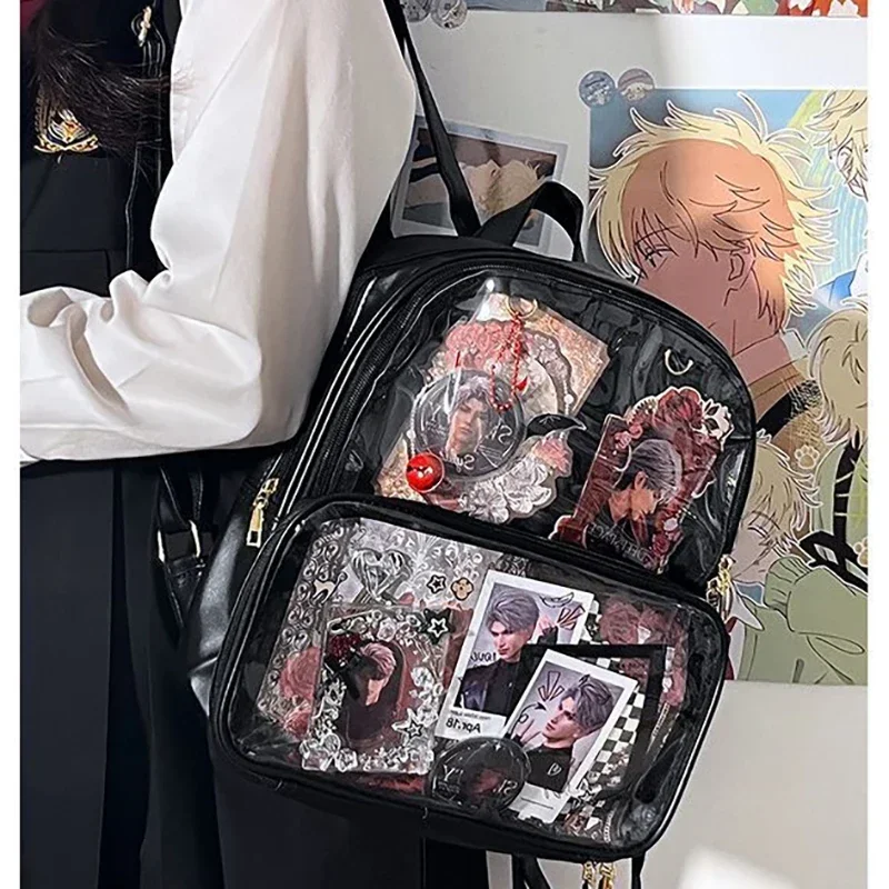 

HAEX Y2K Concise Basic Backpack Women Subculture Large Capacity Transparent Doll Show Mochilas Para Mujer Students PU Bag Female