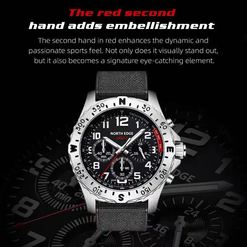 NORTH EDGE MACH 2 Solar Powered Men Watch Chronograph 50M Waterproof Luminous Nylon Strap Sports Quartz Wristwatch