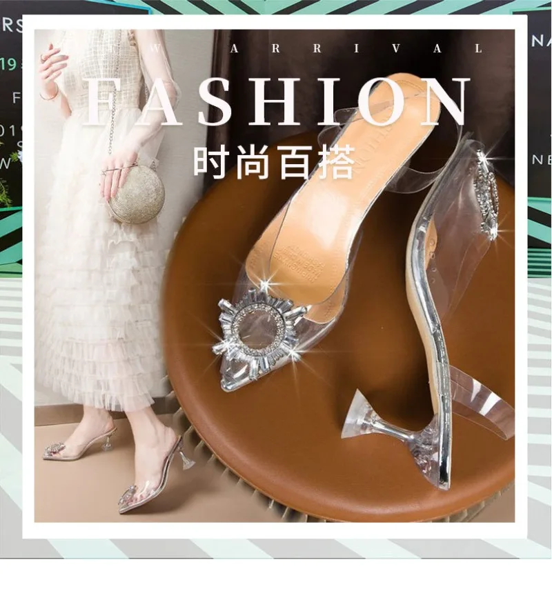 Summer New Korean Style Rhinestone Transparent Crystal Sandals Stiletto Women\'s Fashion Large Size High Heels Sandals