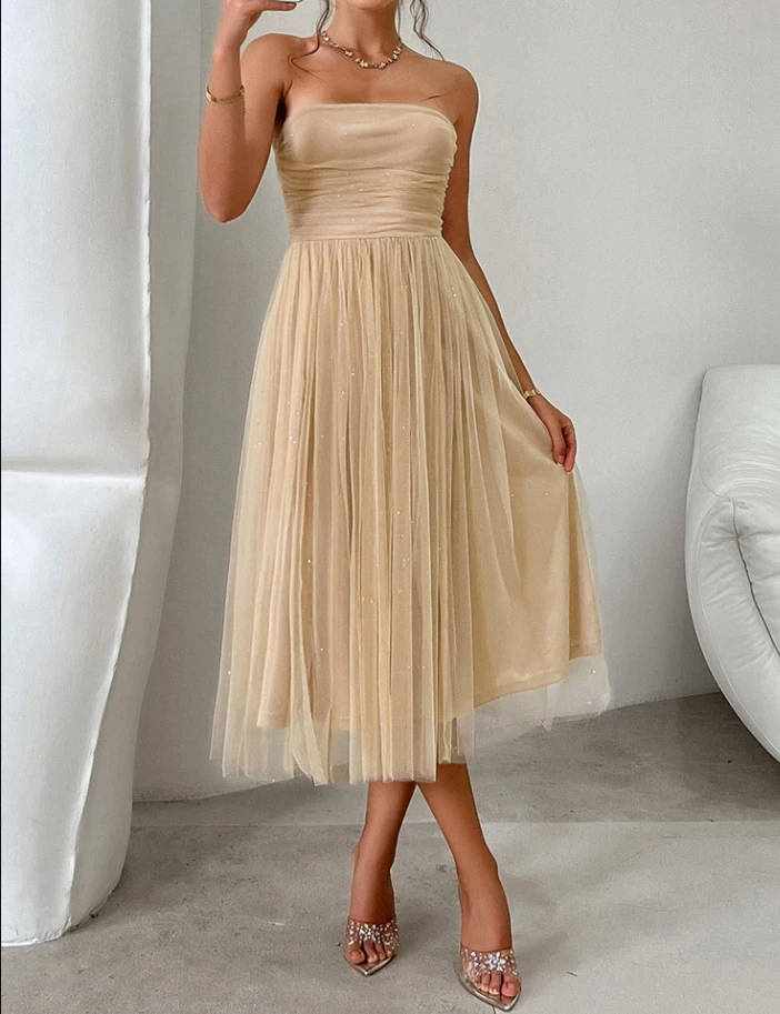 Strapless high waisted mesh long skirt evening gown