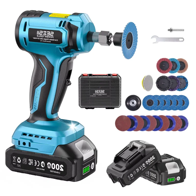 SEESII DG21 Pro Cordless Right Angle Die Grinder Kit 4 Speeds Electric Grinding Machine for Car Polishing High Speed with 2.0Ah Battery